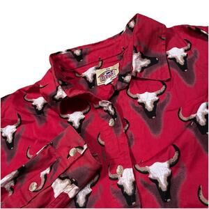 Barn Fly Womens Long Sleeve Shirt Medium Button Down USA 90’s Bull Skull Red AOP